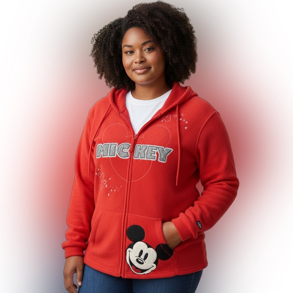 Disney Women's Red Mickey Mouse Plush Fleece Full Zip Hoodie Size 1X